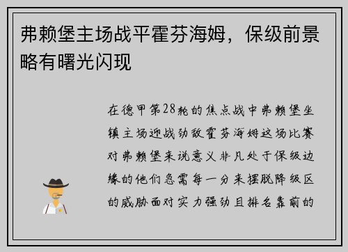 弗赖堡主场战平霍芬海姆，保级前景略有曙光闪现